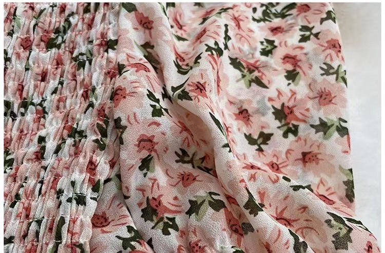 Floral Chiffon Top, Summer, Bubble Sleeve, Square Collar Short Sleeve Blouse AP000192