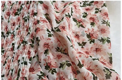 Floral Chiffon Top, Summer, Bubble Sleeve, Square Collar Short Sleeve Blouse AP000192