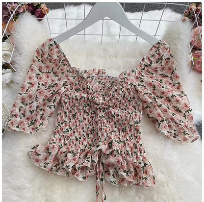 Floral Chiffon Top, Summer, Bubble Sleeve, Square Collar Short Sleeve Blouse AP000192
