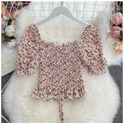 Floral Chiffon Top, Summer, Bubble Sleeve, Square Collar Short Sleeve Blouse AP000192