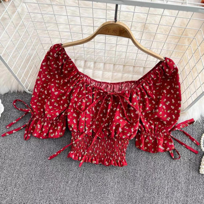 Square Collar, Bubble Sleeve, High Waist Chiffon Floral Top, Chic Short Crop Top AP000193