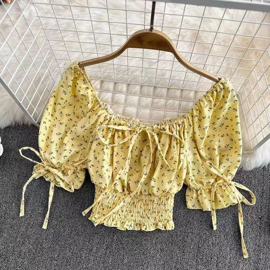 Square Collar, Bubble Sleeve, High Waist Chiffon Floral Top, Chic Short Crop Top AP000193