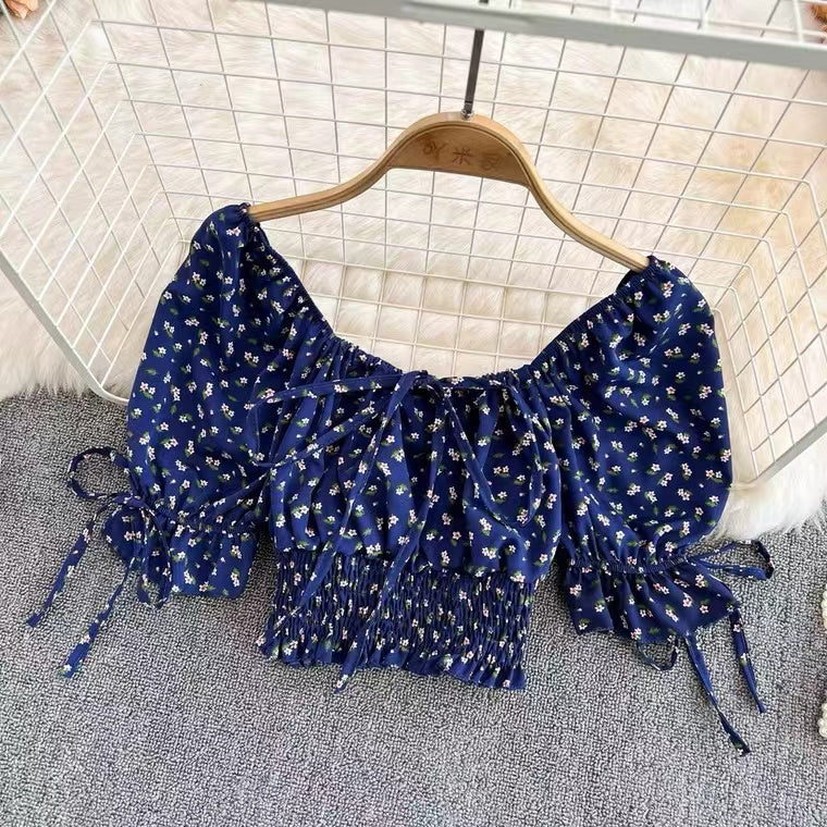 Square Collar, Bubble Sleeve, High Waist Chiffon Floral Top, Chic Short Crop Top AP000193