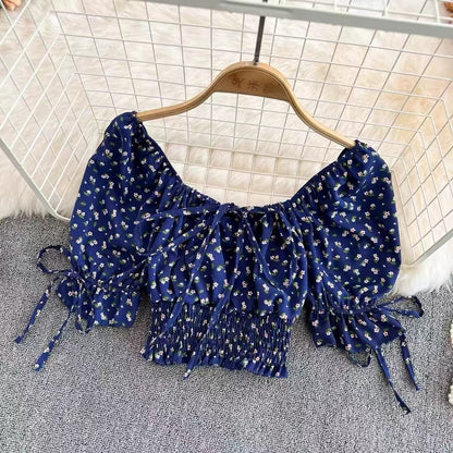 Square Collar, Bubble Sleeve, High Waist Chiffon Floral Top, Chic Short Crop Top AP000193