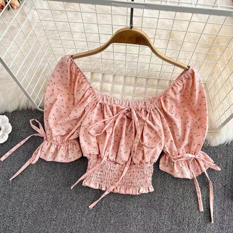 Square Collar, Bubble Sleeve, High Waist Chiffon Floral Top, Chic Short Crop Top AP000193