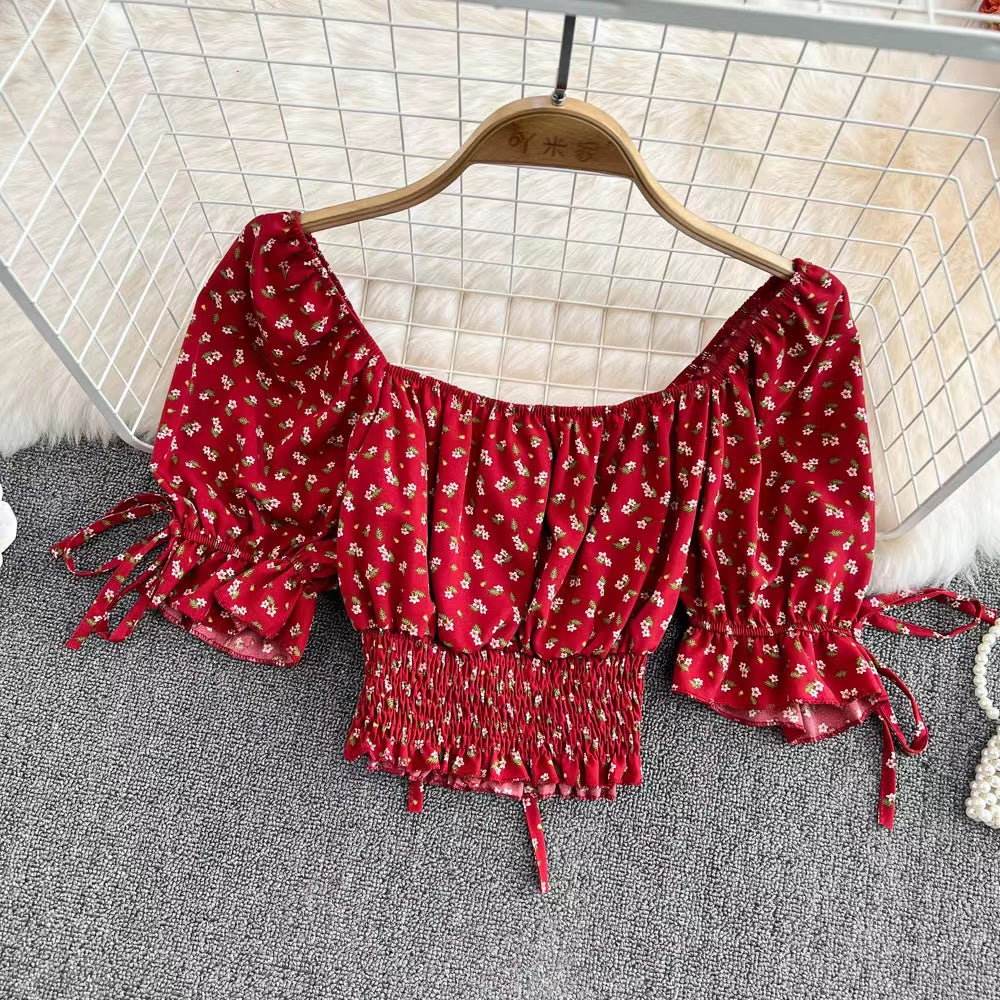 Square Collar, Bubble Sleeve, High Waist Chiffon Floral Top, Chic Short Crop Top AP000193