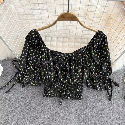 Square Collar, Bubble Sleeve, High Waist Chiffon Floral Top, Chic Short Crop Top AP000193