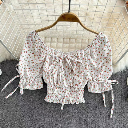 Square Collar, Bubble Sleeve, High Waist Chiffon Floral Top, Chic Short Crop Top AP000193