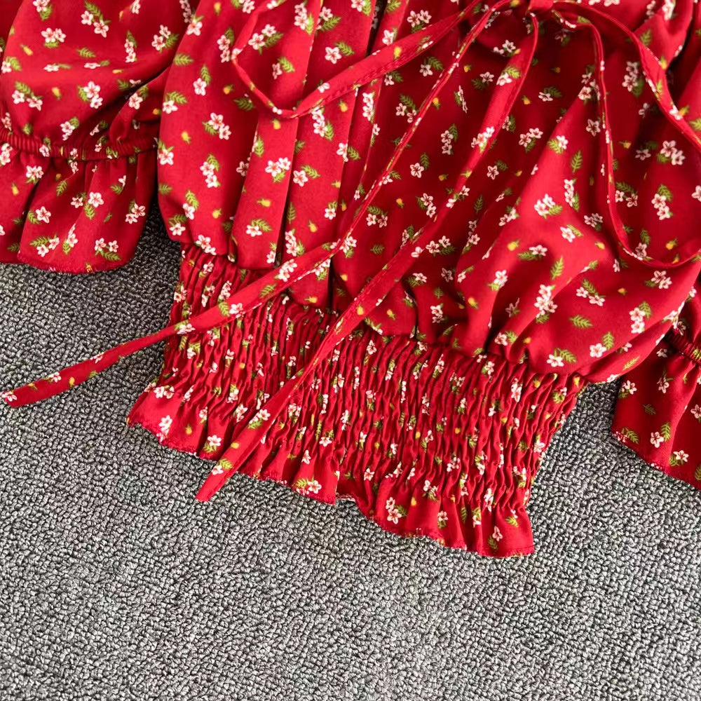 Square Collar, Bubble Sleeve, High Waist Chiffon Floral Top, Chic Short Crop Top AP000193