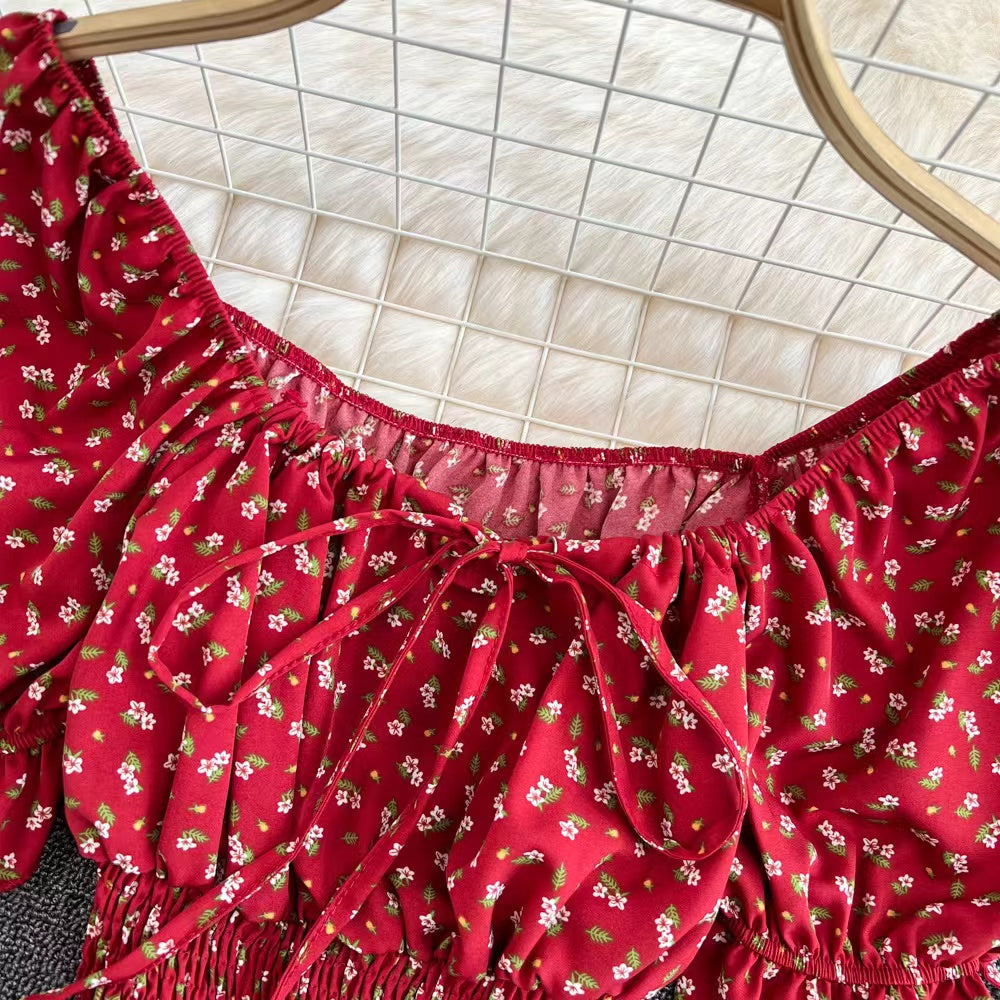 Square Collar, Bubble Sleeve, High Waist Chiffon Floral Top, Chic Short Crop Top AP000193