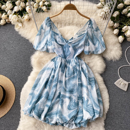 Vintage V-neck Puff Sleeve Dress Puffy A-line Dress AP0003