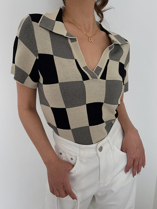 Sweet Cropped Polo Collar Plaid Knit Casual Crop Top AP000171