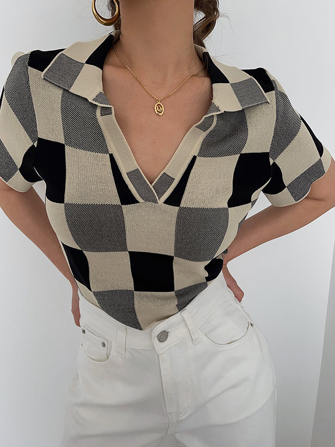 Sweet Cropped Polo Collar Plaid Knit Casual Crop Top AP000171