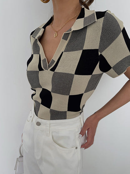 Sweet Cropped Polo Collar Plaid Knit Casual Crop Top AP000171