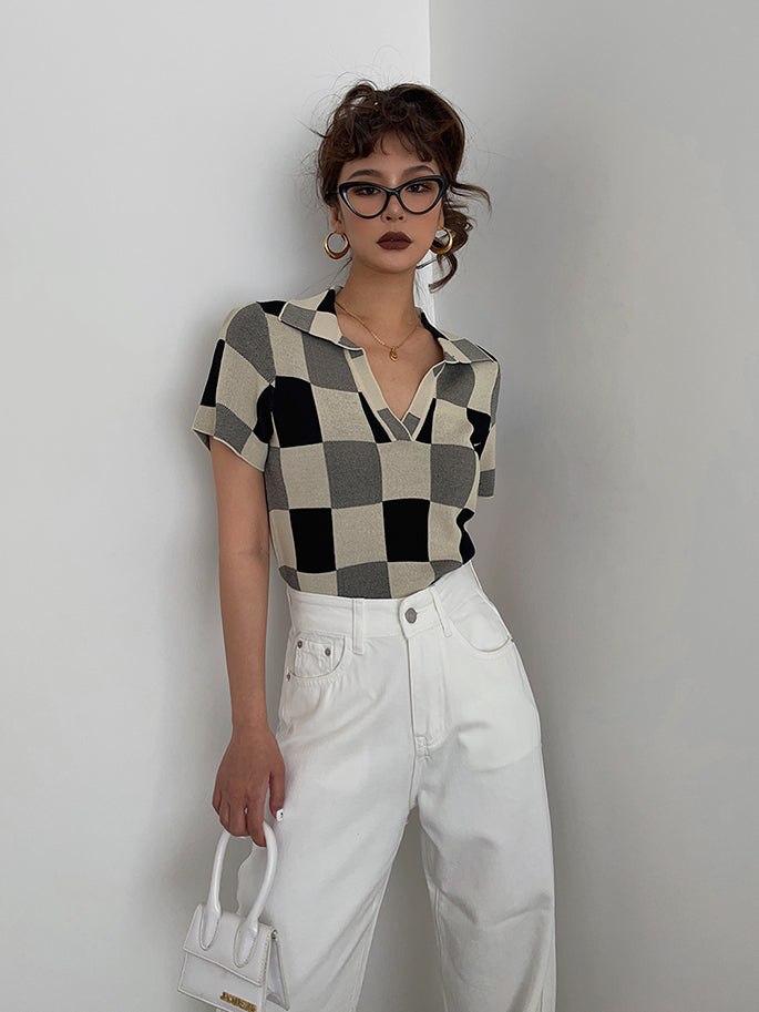 Sweet Cropped Polo Collar Plaid Knit Casual Crop Top AP000171