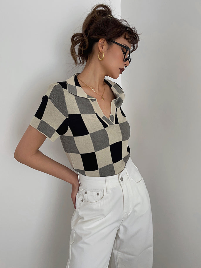 Sweet Cropped Polo Collar Plaid Knit Casual Crop Top AP000171