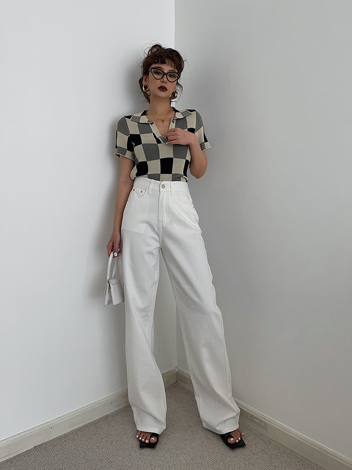 Sweet Cropped Polo Collar Plaid Knit Casual Crop Top AP000171