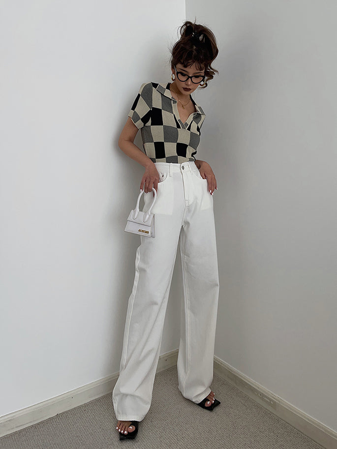 Sweet Cropped Polo Collar Plaid Knit Casual Crop Top AP000171