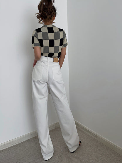 Sweet Cropped Polo Collar Plaid Knit Casual Crop Top AP000171