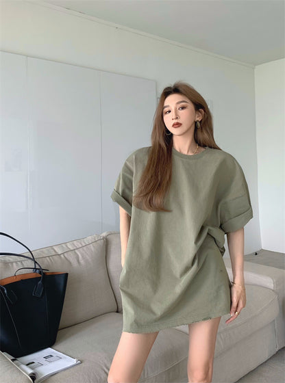 New Fashion Short-sleeved T-shirt Lazy Girl Casual Mid-length T-shirt Summer Oversize Loose Top Women AP000168