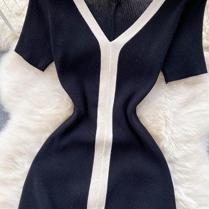 Black V-neck Short Dress Fashion Dress AP00010