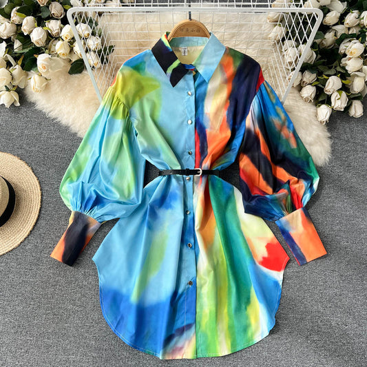 Stylish Printed Long Sleeve Shirt Dress