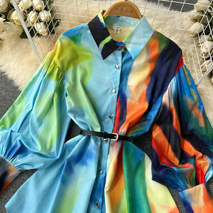 Stylish Printed Long Sleeve Shirt Dress