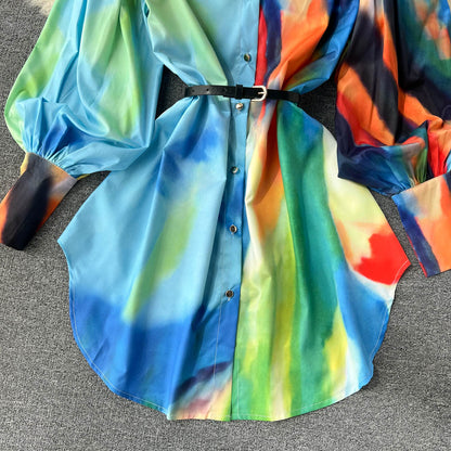 Stylish Printed Long Sleeve Shirt Dress