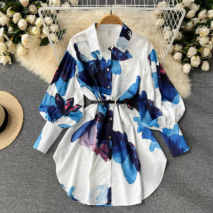 Stylish Printed Long Sleeve Shirt Dress