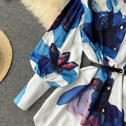 Stylish Printed Long Sleeve Shirt Dress