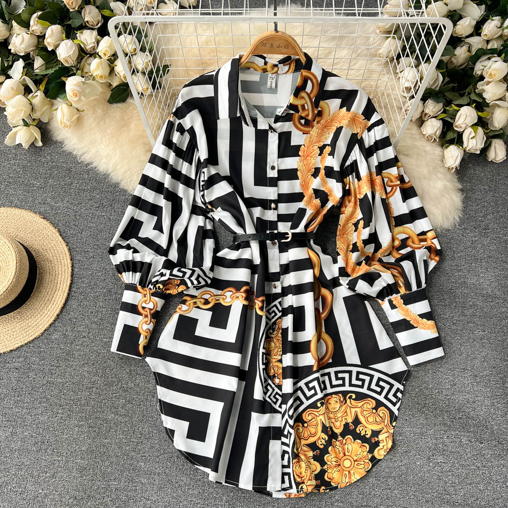Stylish Printed Long Sleeve Shirt Dress