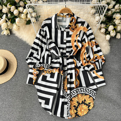 Stylish Printed Long Sleeve Shirt Dress