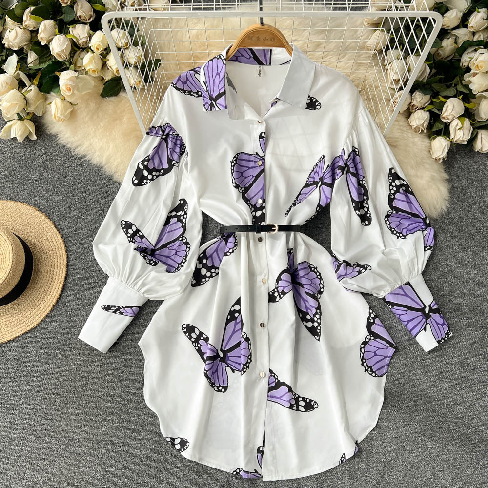 Stylish Printed Long Sleeve Shirt Dress