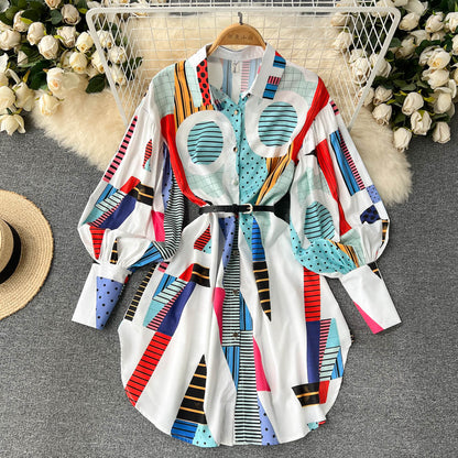 Stylish Printed Long Sleeve Shirt Dress