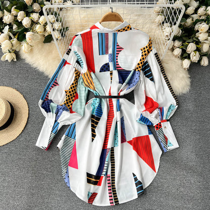 Stylish Printed Long Sleeve Shirt Dress