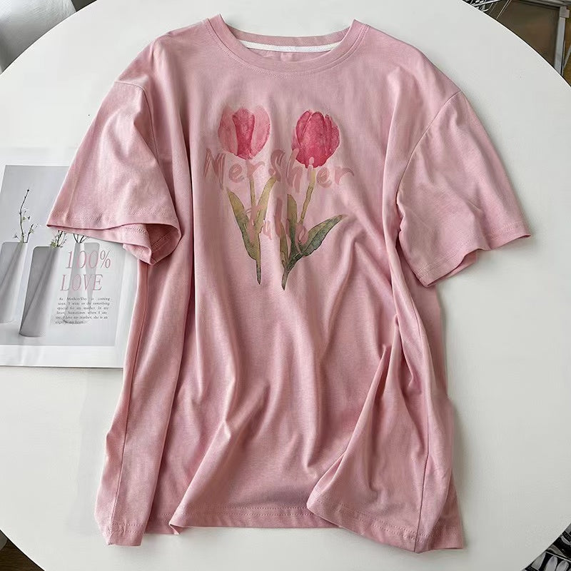 Vintage, Tulip Print Short Sleeve T-shirt, Loose, Crewneck Top, Pullover Pure Cotton T-Tshirt AP00092