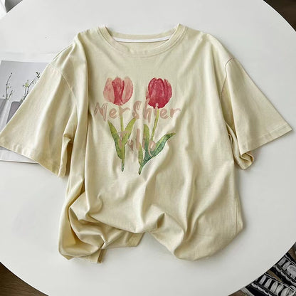 Vintage, Tulip Print Short Sleeve T-shirt, Loose, Crewneck Top, Pullover Pure Cotton T-Tshirt AP00092