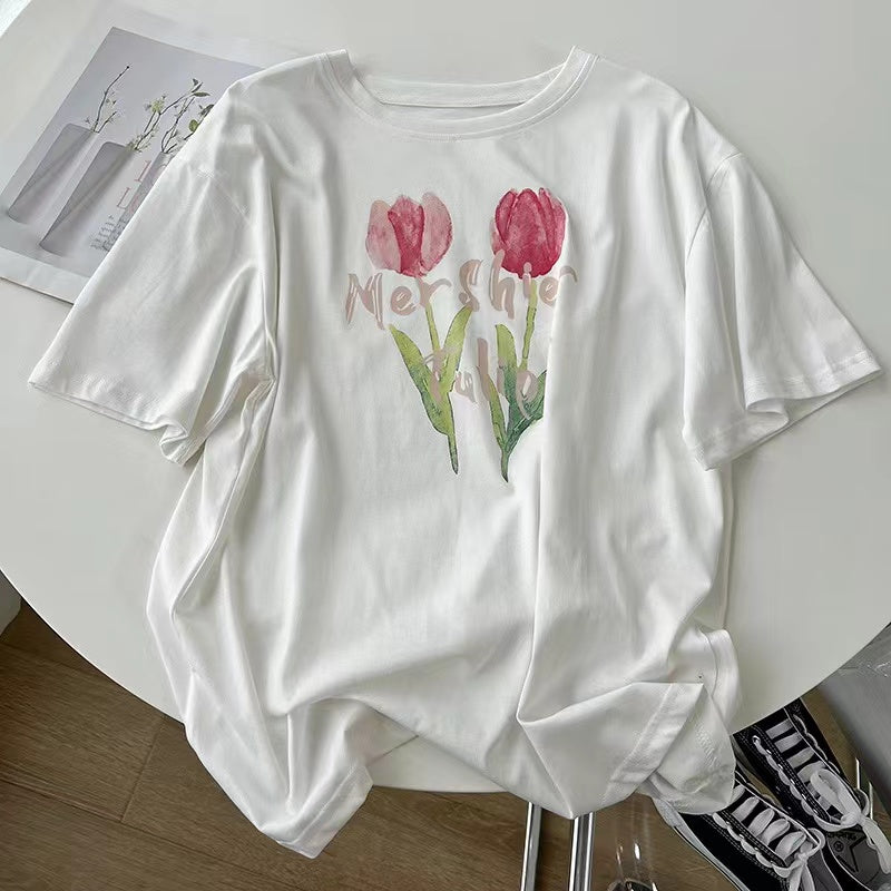 Vintage, Tulip Print Short Sleeve T-shirt, Loose, Crewneck Top, Pullover Pure Cotton T-Tshirt AP00092