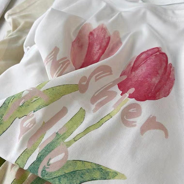 Vintage, Tulip Print Short Sleeve T-shirt, Loose, Crewneck Top, Pullover Pure Cotton T-Tshirt AP00092