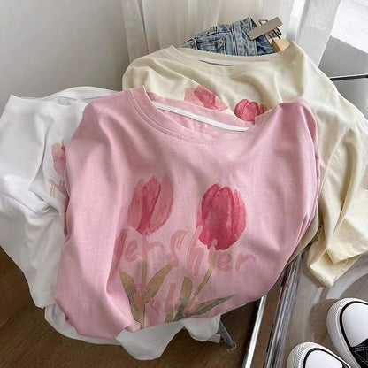 Vintage, Tulip Print Short Sleeve T-shirt, Loose, Crewneck Top, Pullover Pure Cotton T-Tshirt AP00092
