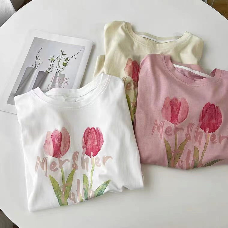 Vintage, Tulip Print Short Sleeve T-shirt, Loose, Crewneck Top, Pullover Pure Cotton T-Tshirt AP00092