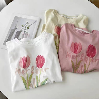 Vintage, Tulip Print Short Sleeve T-shirt, Loose, Crewneck Top, Pullover Pure Cotton T-Tshirt AP00092