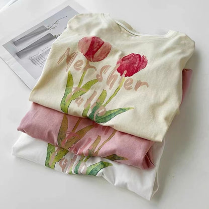 Vintage, Tulip Print Short Sleeve T-shirt, Loose, Crewneck Top, Pullover Pure Cotton T-Tshirt AP00092