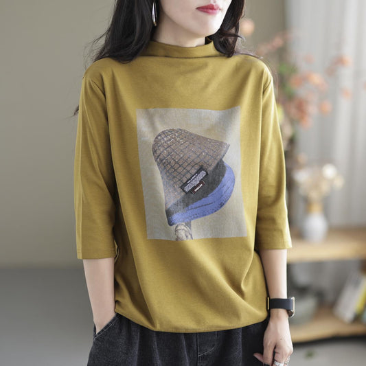 Vintage Loose Three-quarter Sleeves Printed High-neck T-shirts Tops AP000174