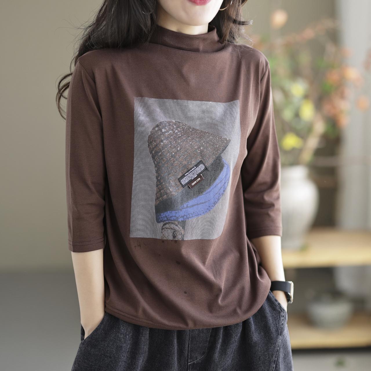 Vintage Loose Three-quarter Sleeves Printed High-neck T-shirts Tops AP000174