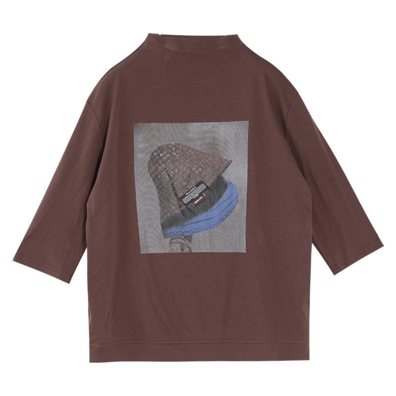 Vintage Loose Three-quarter Sleeves Printed High-neck T-shirts Tops AP000174