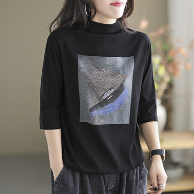 Vintage Loose Three-quarter Sleeves Printed High-neck T-shirts Tops AP000174