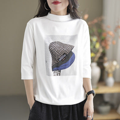 Vintage Loose Three-quarter Sleeves Printed High-neck T-shirts Tops AP000174