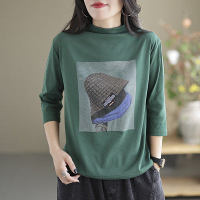 Vintage Loose Three-quarter Sleeves Printed High-neck T-shirts Tops AP000174
