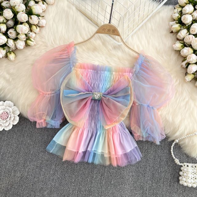 Summer French Square Neck Bow Bubble Short Sleeve Rainbow Mesh Shirt Women Fashionable Short Top Fashion AP000190